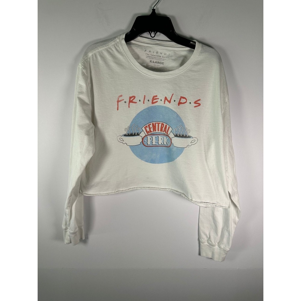 Friends Crop Sweatshirt Womens XL White Central Perk Long Sleeve Graphic Tee